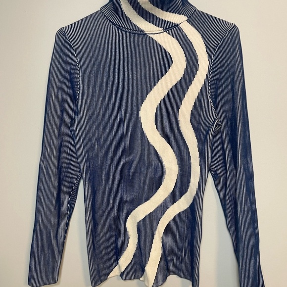 Alp N Rock Tops - Alp N Rock Navy and Cream Striped Turtleneck Sweater Size Medium Mod Ski